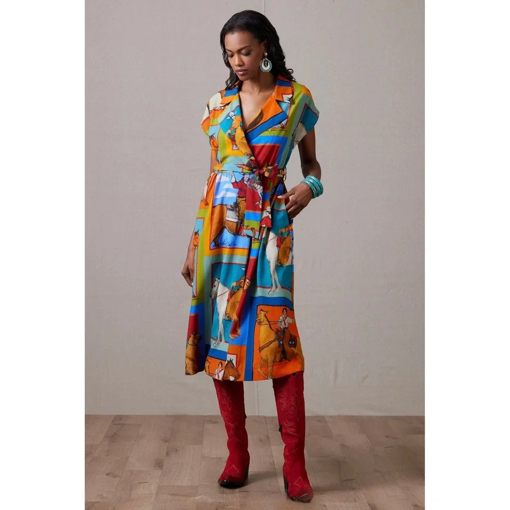 NWT!! DOUBLE D RANCH Women Of The Range Dress Western Horses Midi Bright X-Small